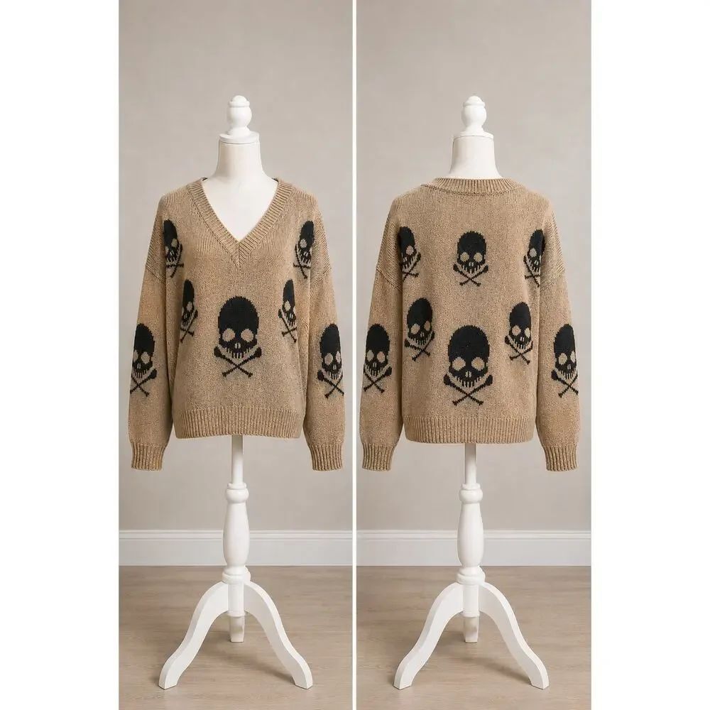 Skull Crossbones V-Neck Sweater Tan Black Gothic Punk Grunge Oversized XL
